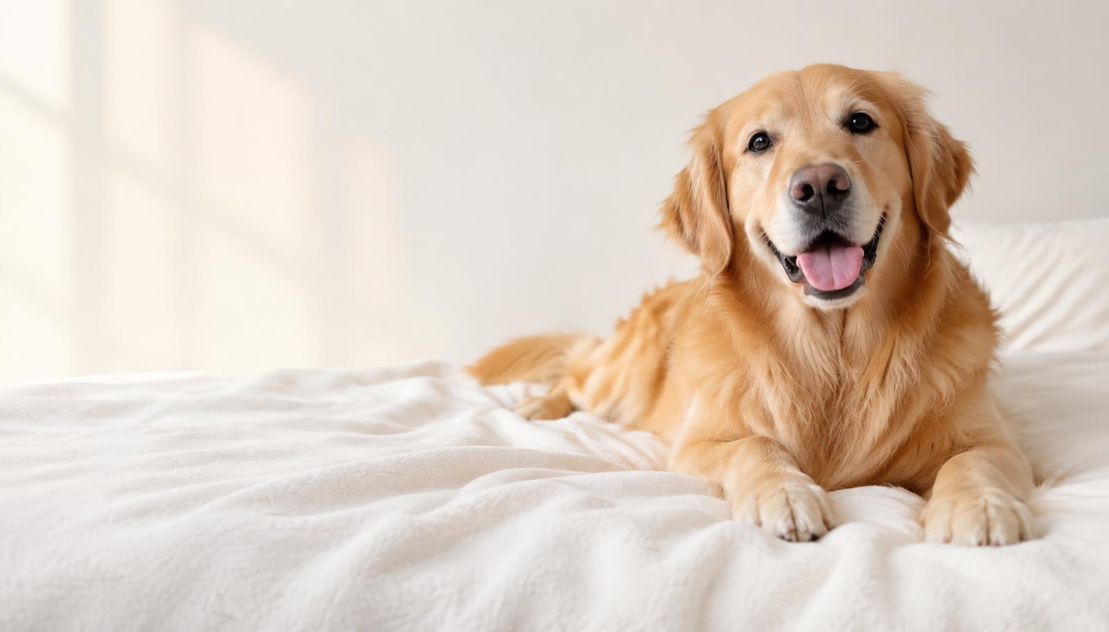 Cachorro golden retriever bem cuidado deitado em manta branca